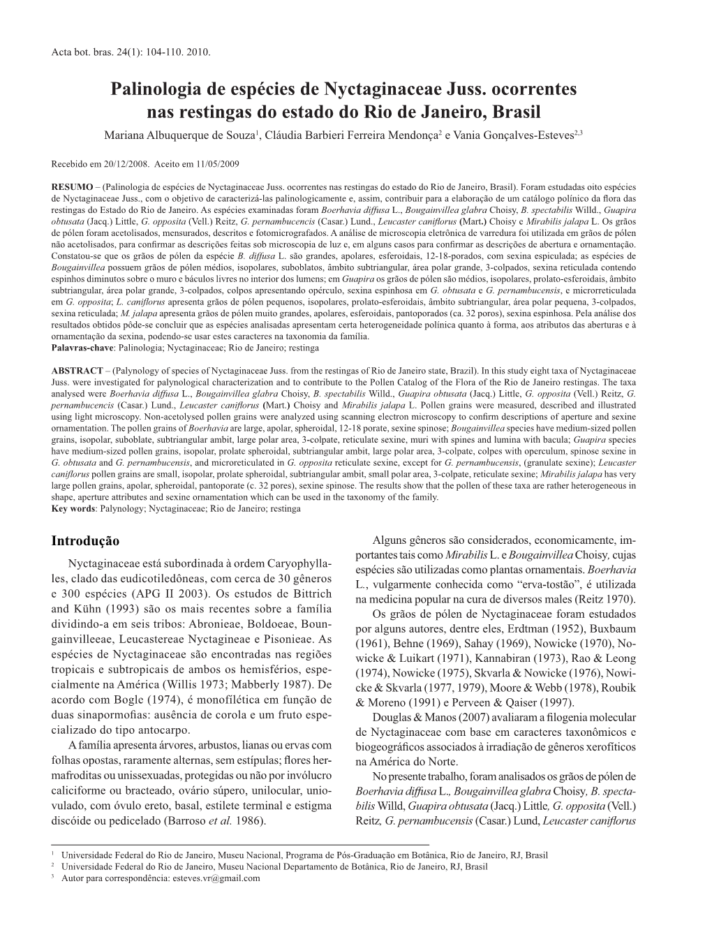 Palinologia De Espécies De Nyctaginaceae Juss