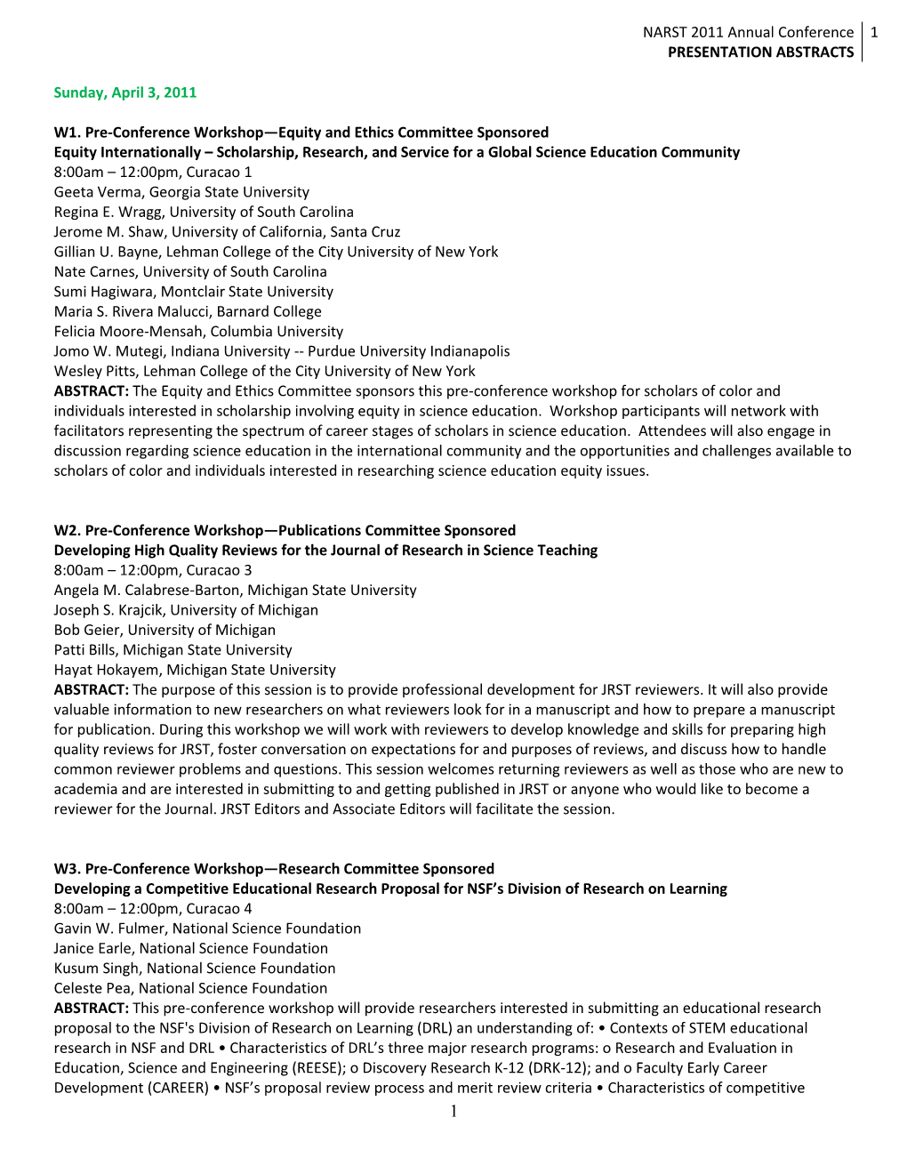 NARST 2011 Annual Conference PRESENTATION ABSTRACTS 1