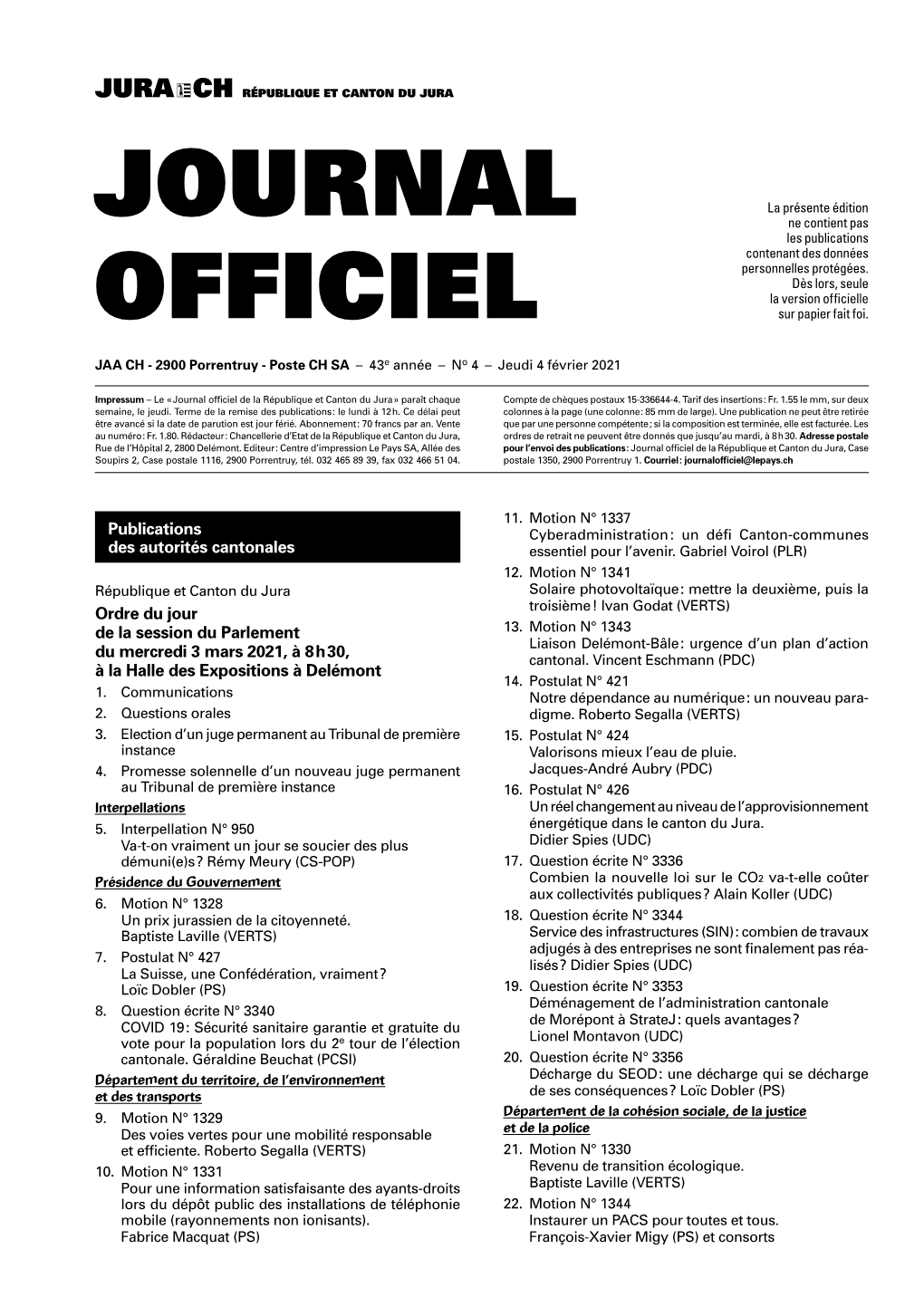 Journal Officiel De La République Et Canton Du Jura » Paraît Chaque Compte De Chèques Postaux 15-336644-4