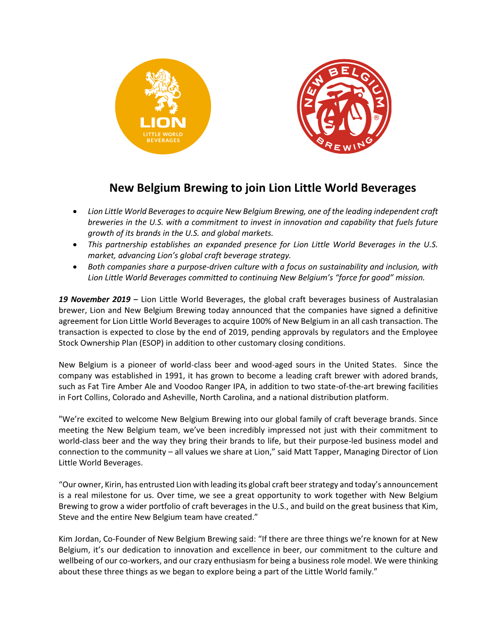 New Belgium Brewing to Join Lion Little World Beverages