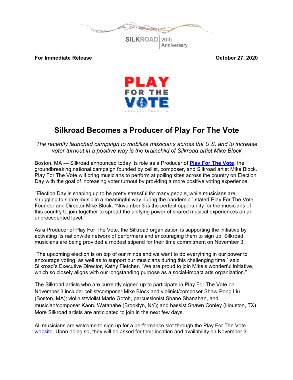 Silkroad Becomes a Producer of Play for the Vote