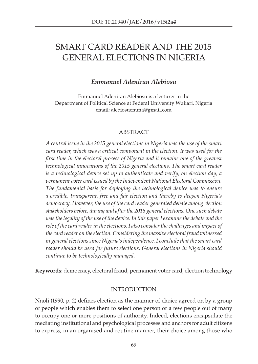 Smart Card Reader and the 2015 General Elections in Nigeria