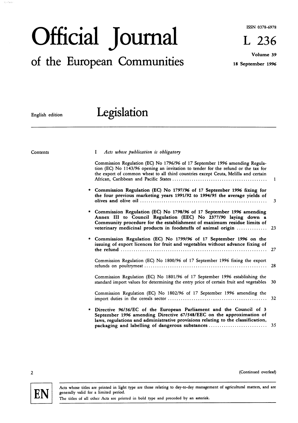 Official Journal L 236 Volume 39 of the European Communities 18 September 1996