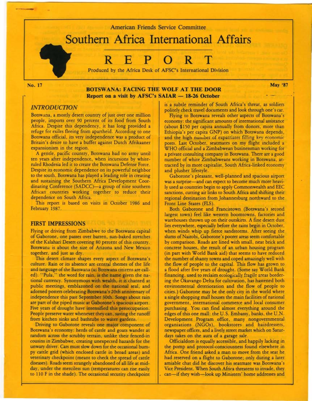 Southern Africa International Affairs R E P O R T Produced by the Africa Desk of AFSC's International Division