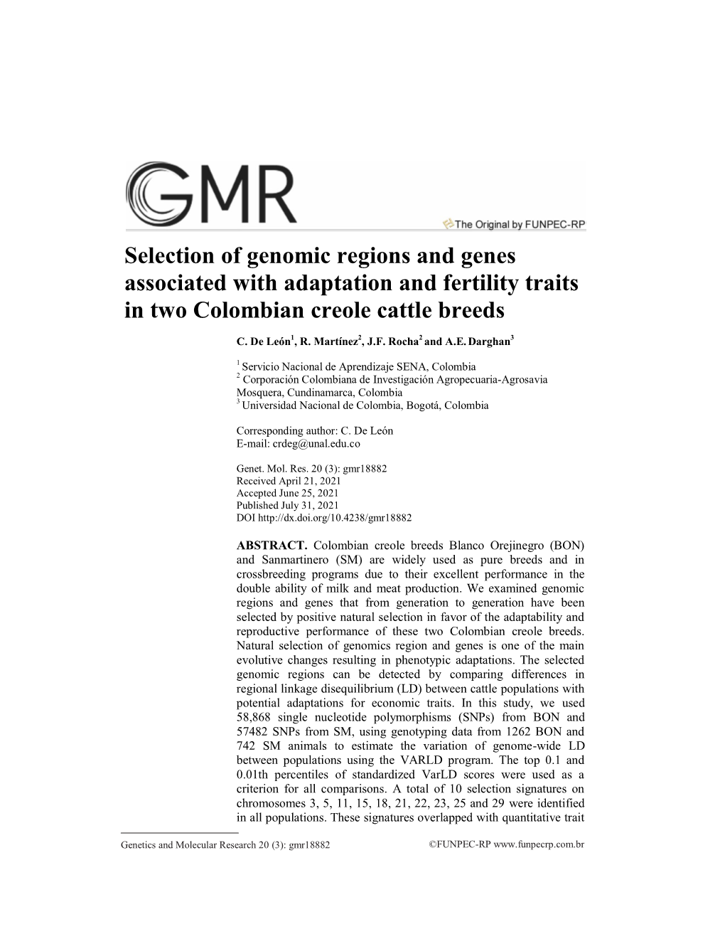 Selection of Genomic Regions and Genes Associated with Adaptation and Fertility Traits in Two Colombian Creole Cattle Breeds