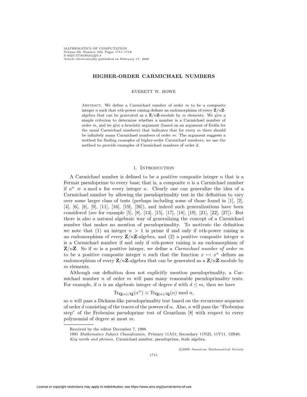 HIGHER-ORDER CARMICHAEL NUMBERS 1. Introduction A