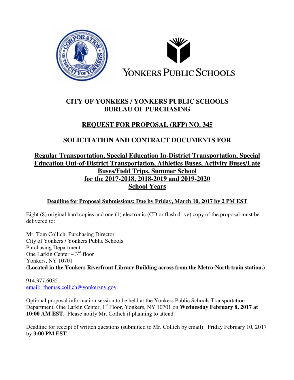 City of Yonkers / Yonkers Public Schools Bureau of Purchasing Request for Proposal (Rfp) No. 345 Solicitation and Contract Docu