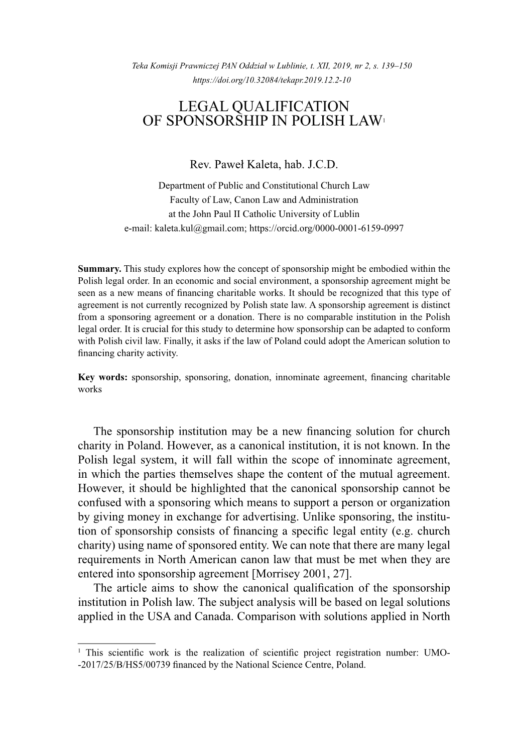 Legal Qualification of Sponsorship in Polish Law1