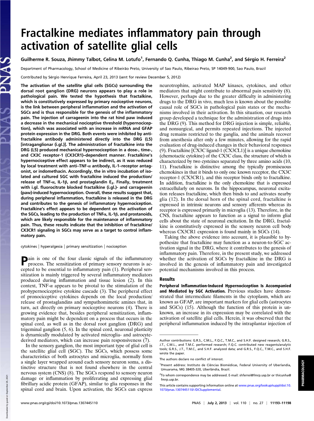 Fractalkine Mediates Inflammatory Pain Through Activation of Satellite Glial Cells