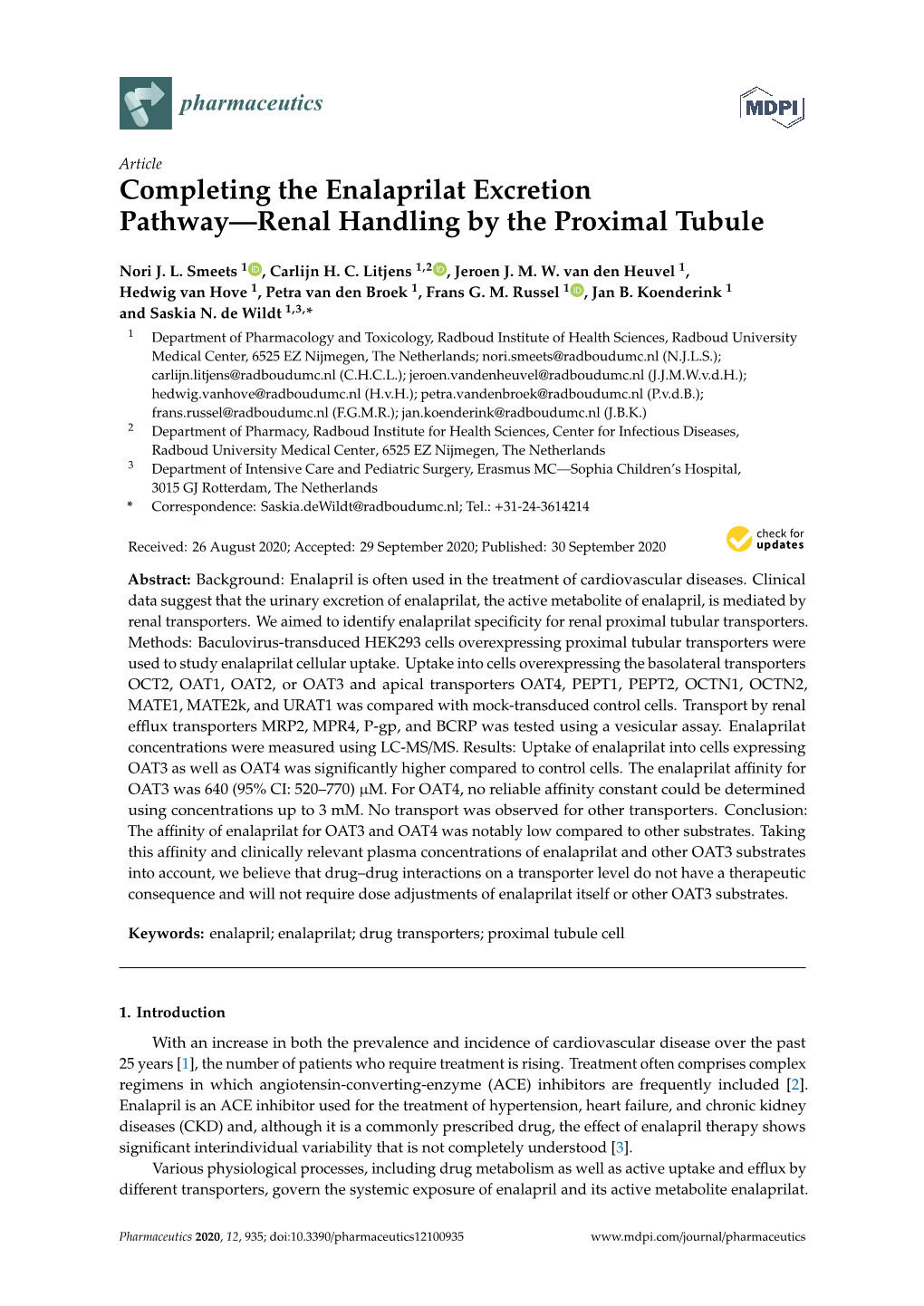 Completing the Enalaprilat Excretion Pathway—Renal Handling by the Proximal Tubule