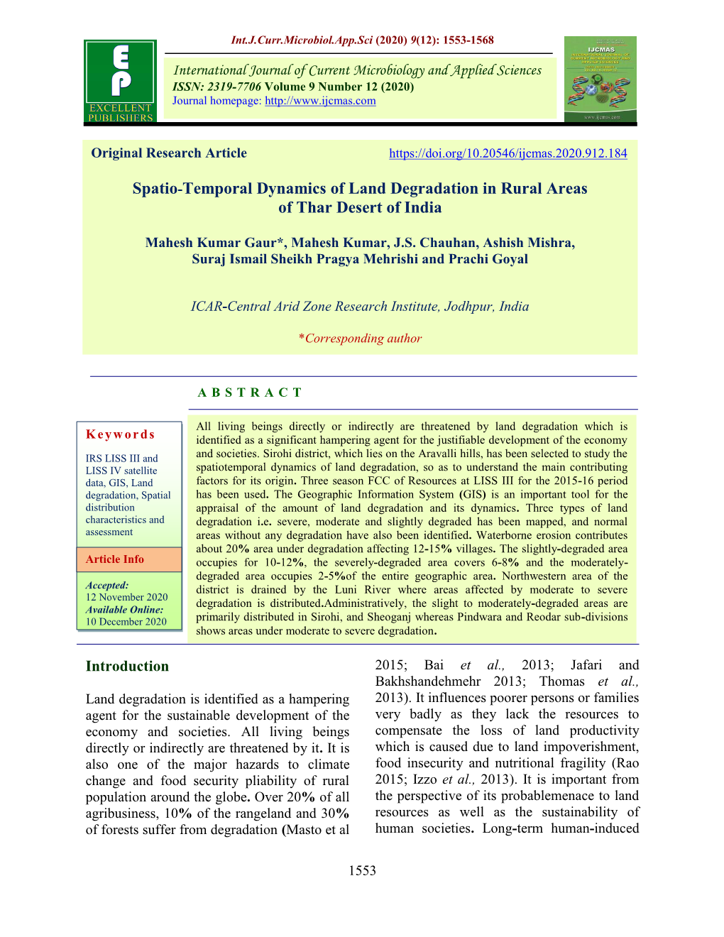 Spatio-Temporal Dynamics of Land Degradation in Rural Areas of Thar Desert of India