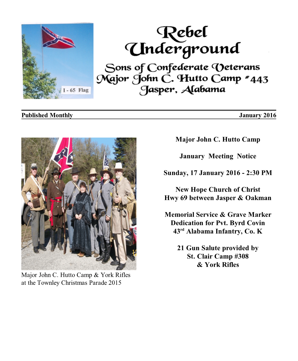 Major John C. Hutto Camp January Meeting Notice Sunday, 17 January