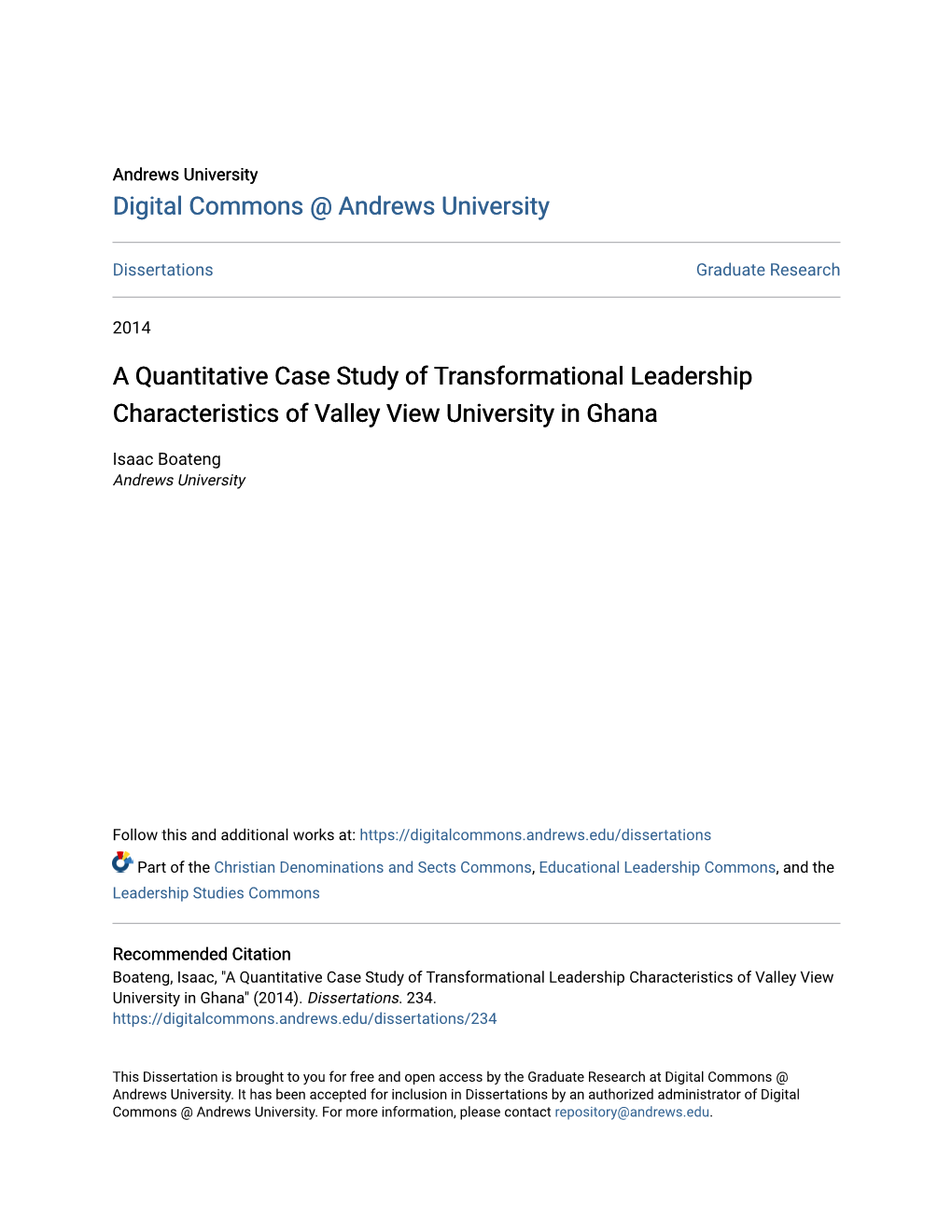 A Quantitative Case Study of Transformational Leadership Characteristics of Valley View University in Ghana