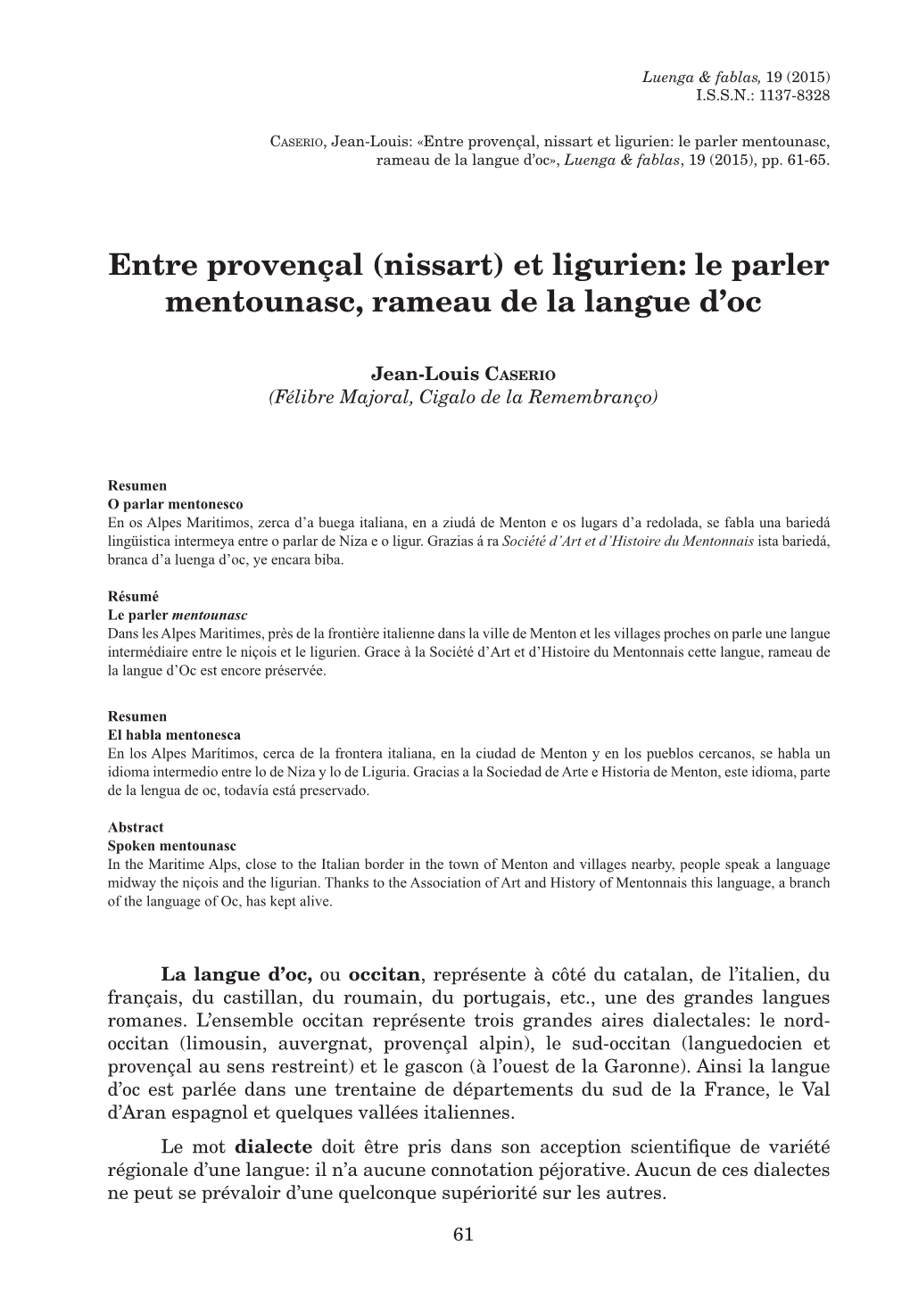 (Nissart) Et Ligurien: Le Parler Mentounasc, Rameau De La Langue D’Oc
