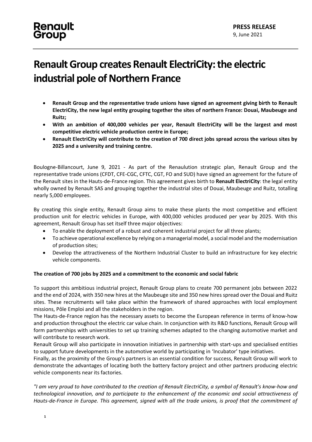 Renault Group Creates Renault Electricity: the Electric Industrial Pole of Northern France