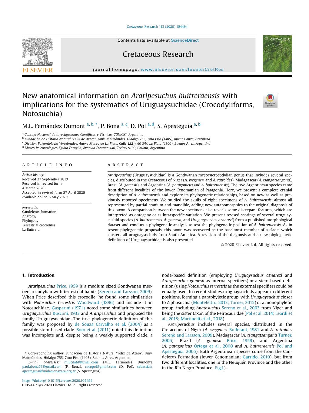 New Anatomical Information on Araripesuchus Buitreraensis with Implications for the Systematics of Uruguaysuchidae (Crocodyliforms, Notosuchia)