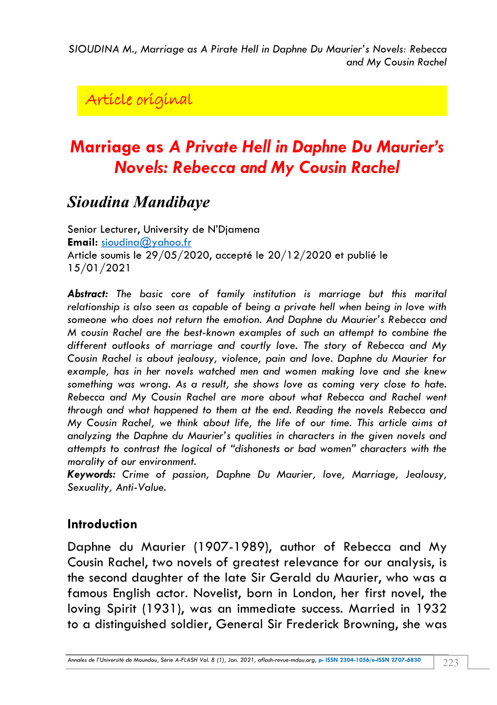 Marriage As a Private Hell in Daphne Du Maurier's Novels