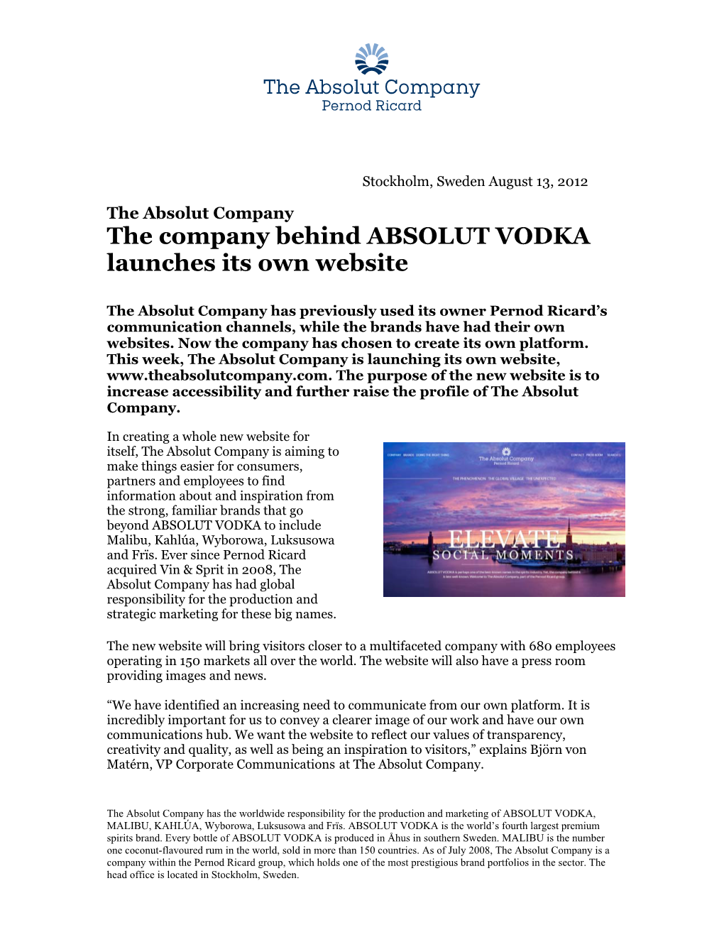 The Company Behind ABSOLUT VODKA Launches Its Own Website