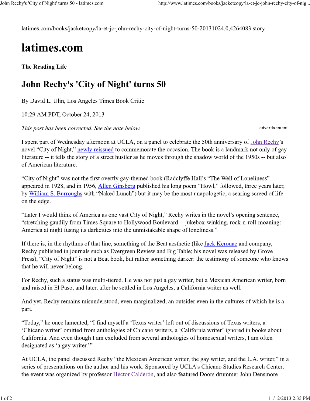 John Rechy's 'City of Night' Turns 50 - Latimes.Com