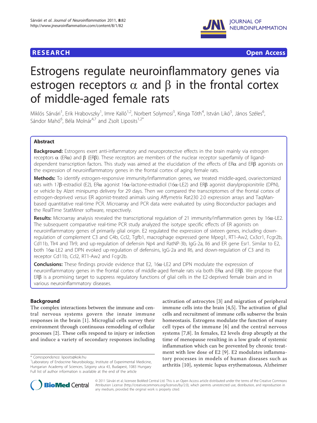 Estrogens Regulate Neuroinflammatory Genes Via Estrogen Receptors A