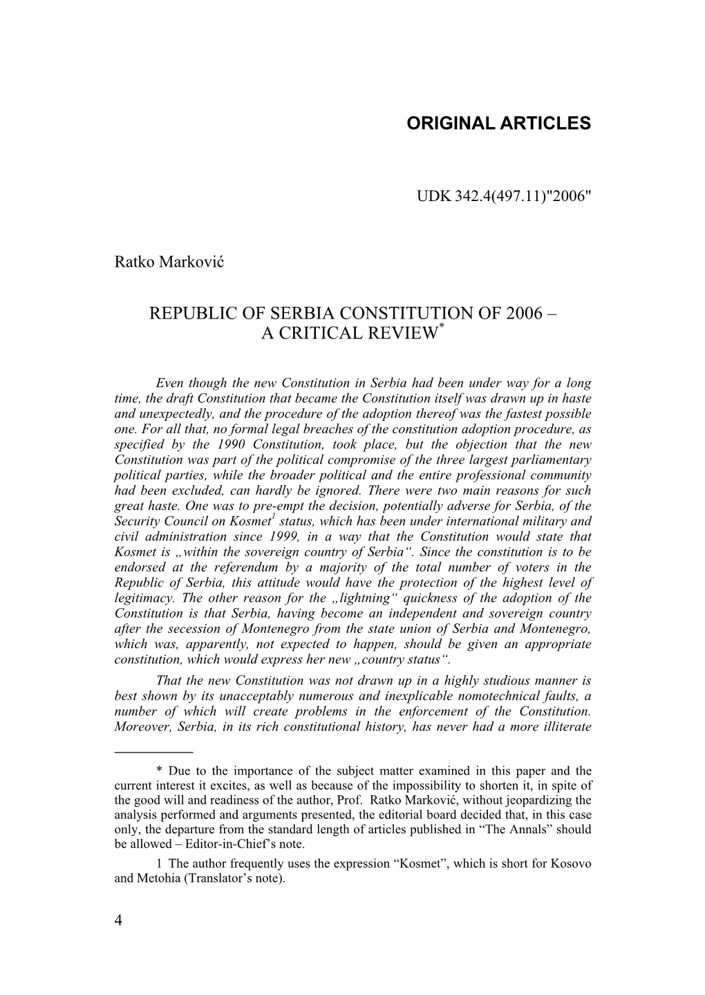 Original Articles Republic of Serbia Constitution of 2006