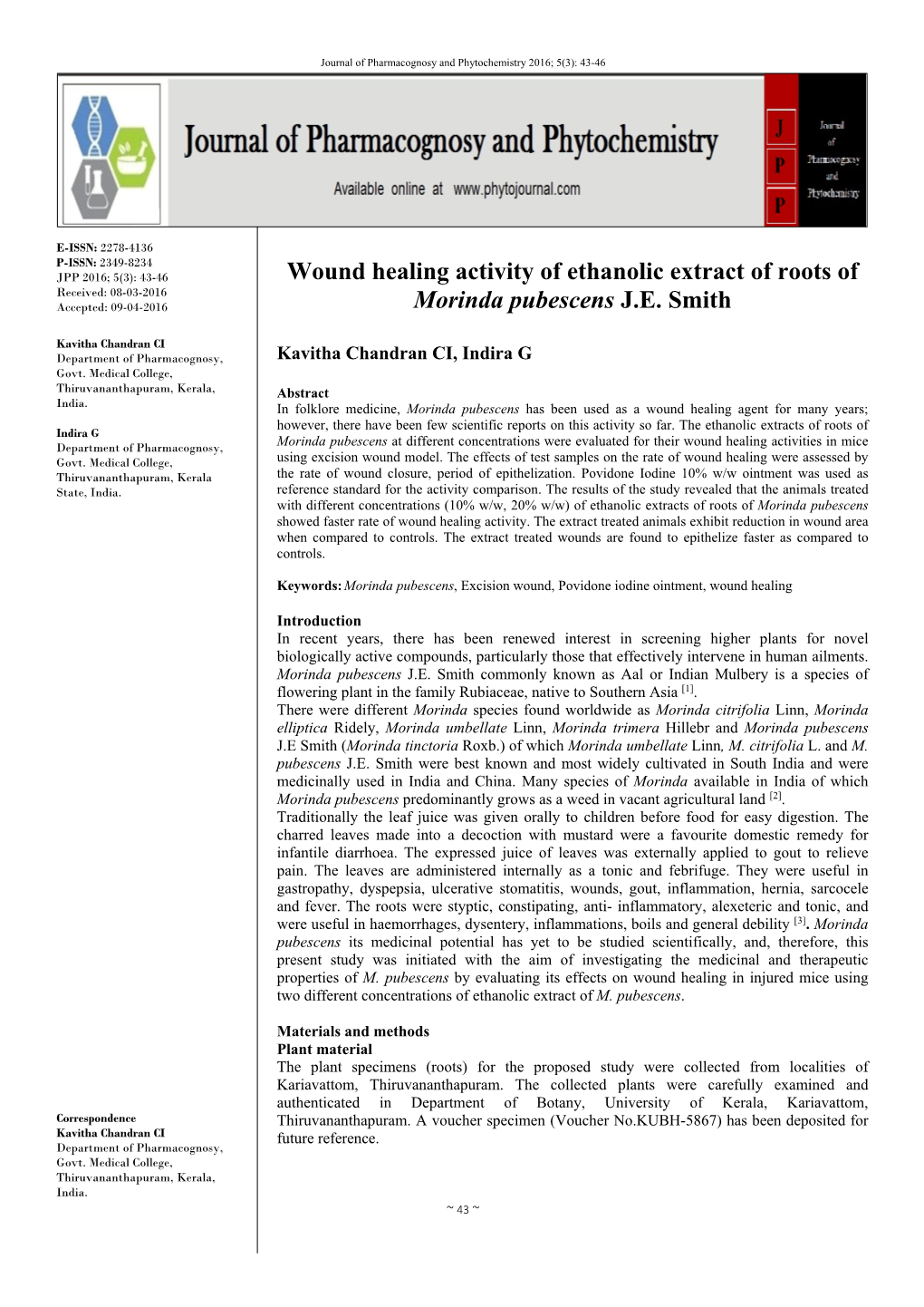 Wound Healing Activity of Ethanolic Extract of Roots of Morinda