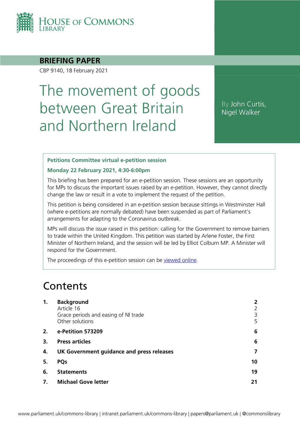 The Movement of Goods Between Great Britain and Northern Ireland