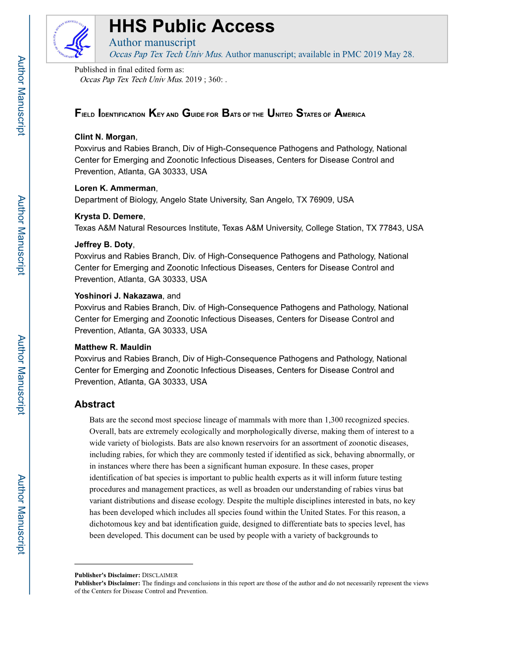 Field Identification Key and Guide for Bats of the United States of America