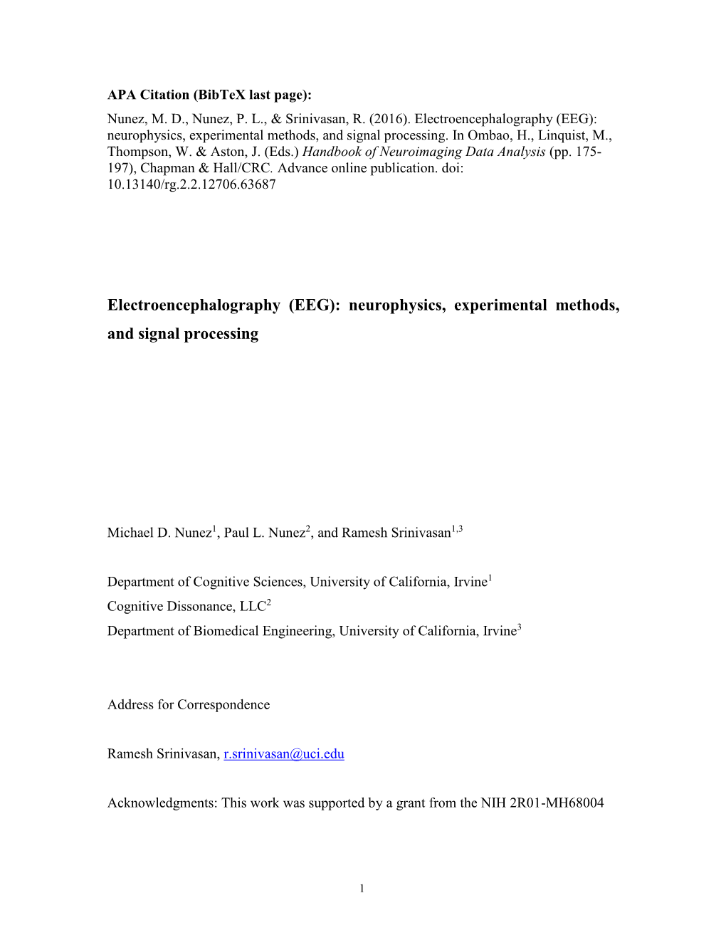 (EEG): Neurophysics, Experimental Methods, and Signal Processing