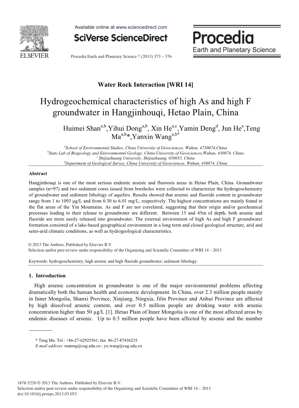 Hydrogeochemical Characteristics of High As and High F Groundwater in Hangjinhouqi, Hetao Plain, China