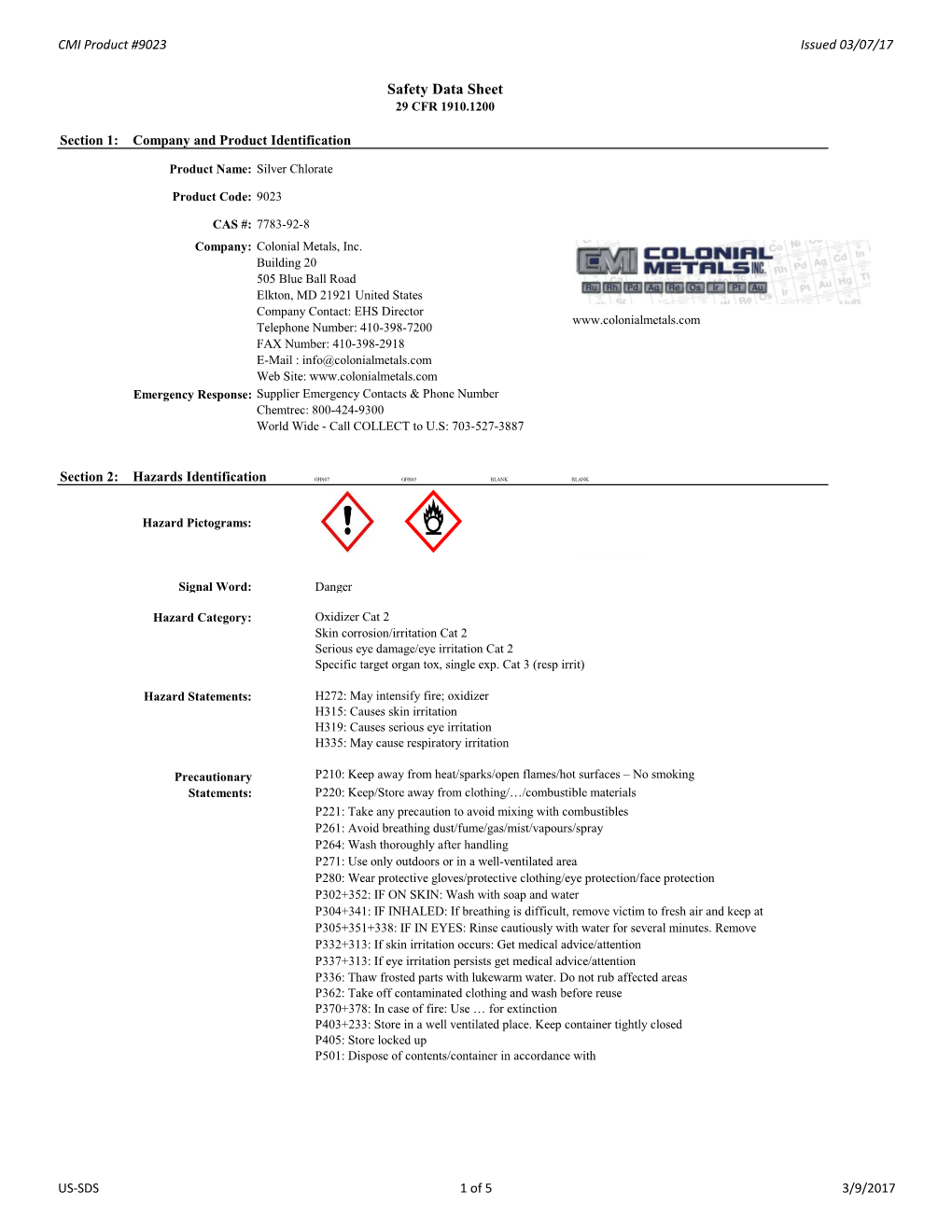 Safety Data Sheet 29 CFR 1910.1200