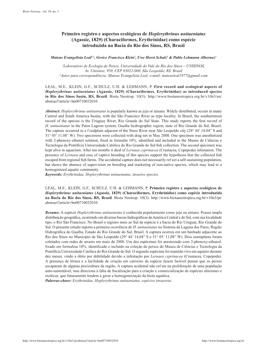 (Agassiz, 1829) (Characiformes, Erythrinidae) Como Espécie Introduzida Na Bacia Do Rio Dos Sinos, RS, Brasil