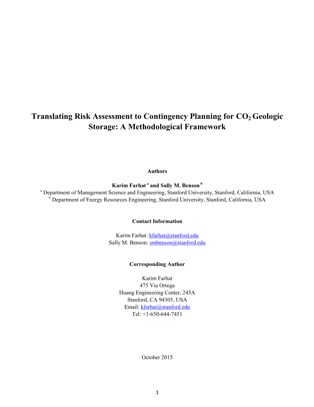 Translating Risk Assessment to Contingency Planning for CO2 Geologic Storage: a Methodological Framework