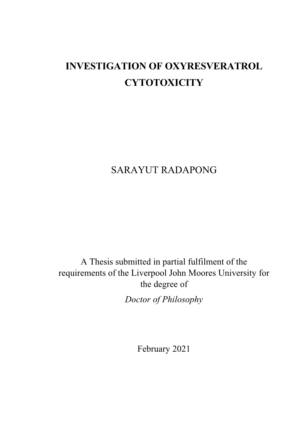 Investigation of Oxyresveratrol Cytotoxicity Sarayut Radapong