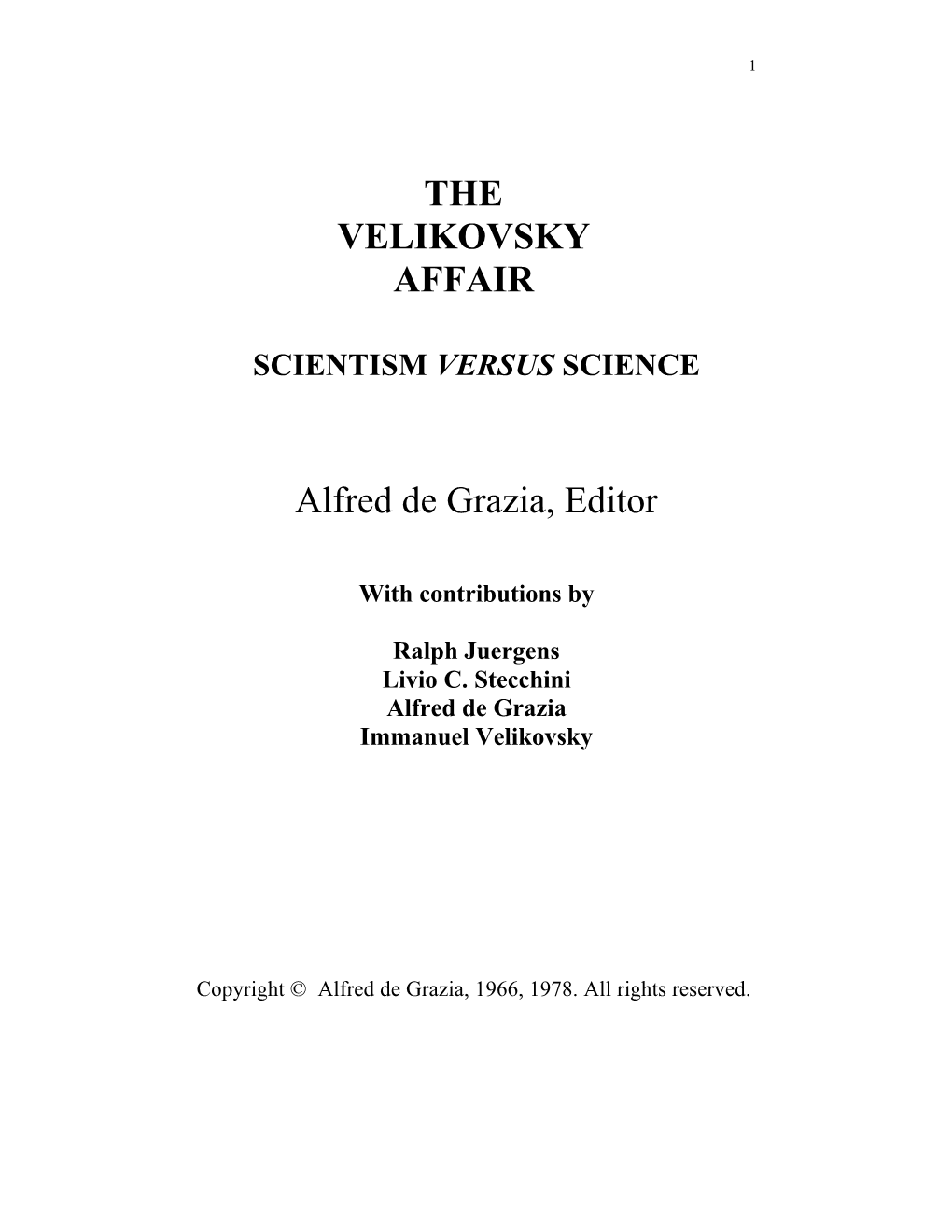 THE VELIKOVSKY AFFAIR Alfred De Grazia, Editor