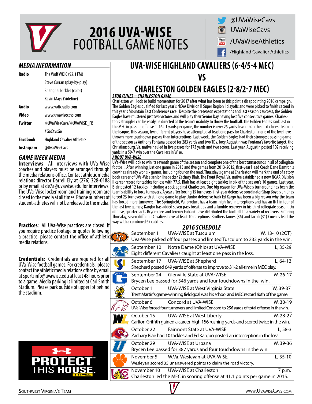 2016 Uva-Wise Football Game Notes