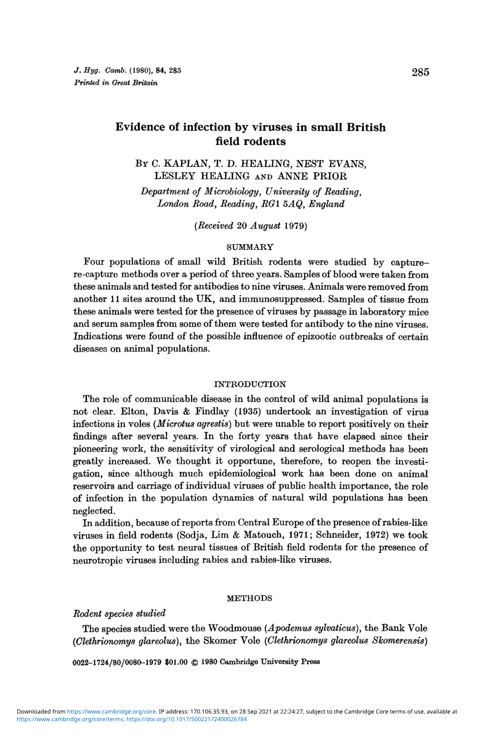 Evidence of Infection by Viruses in Small British Field Rodents