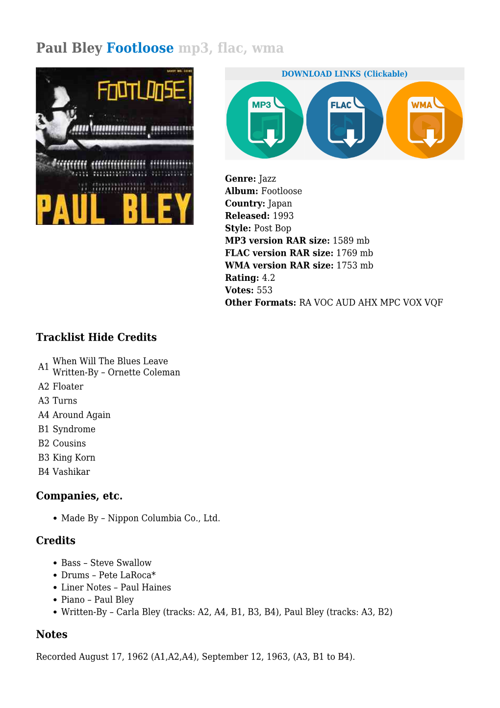 Paul Bley Footloose Mp3, Flac, Wma