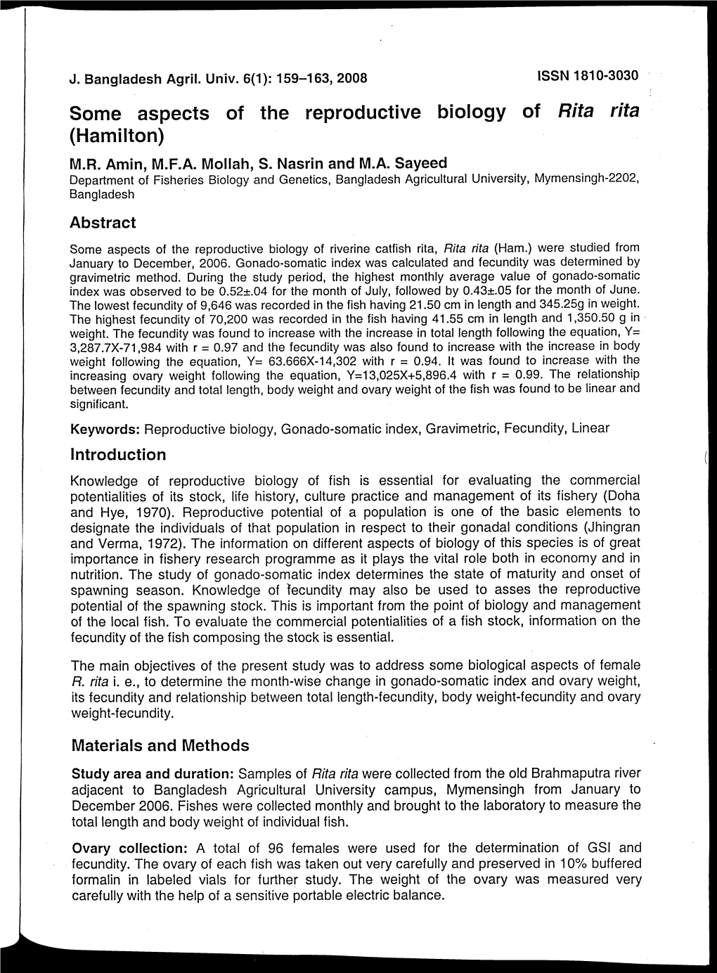 Some Aspects of the Reproductive Biology of Rita Rita (Hamilton) M.R