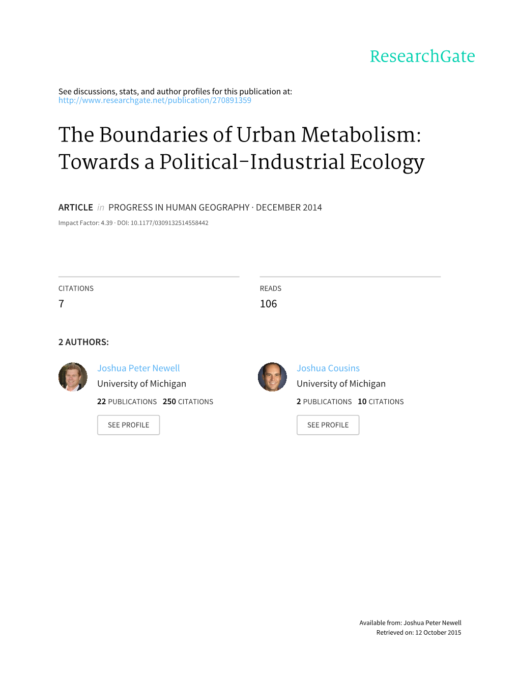 The Boundaries of Urban Metabolism: Towards a Political-Industrial Ecology