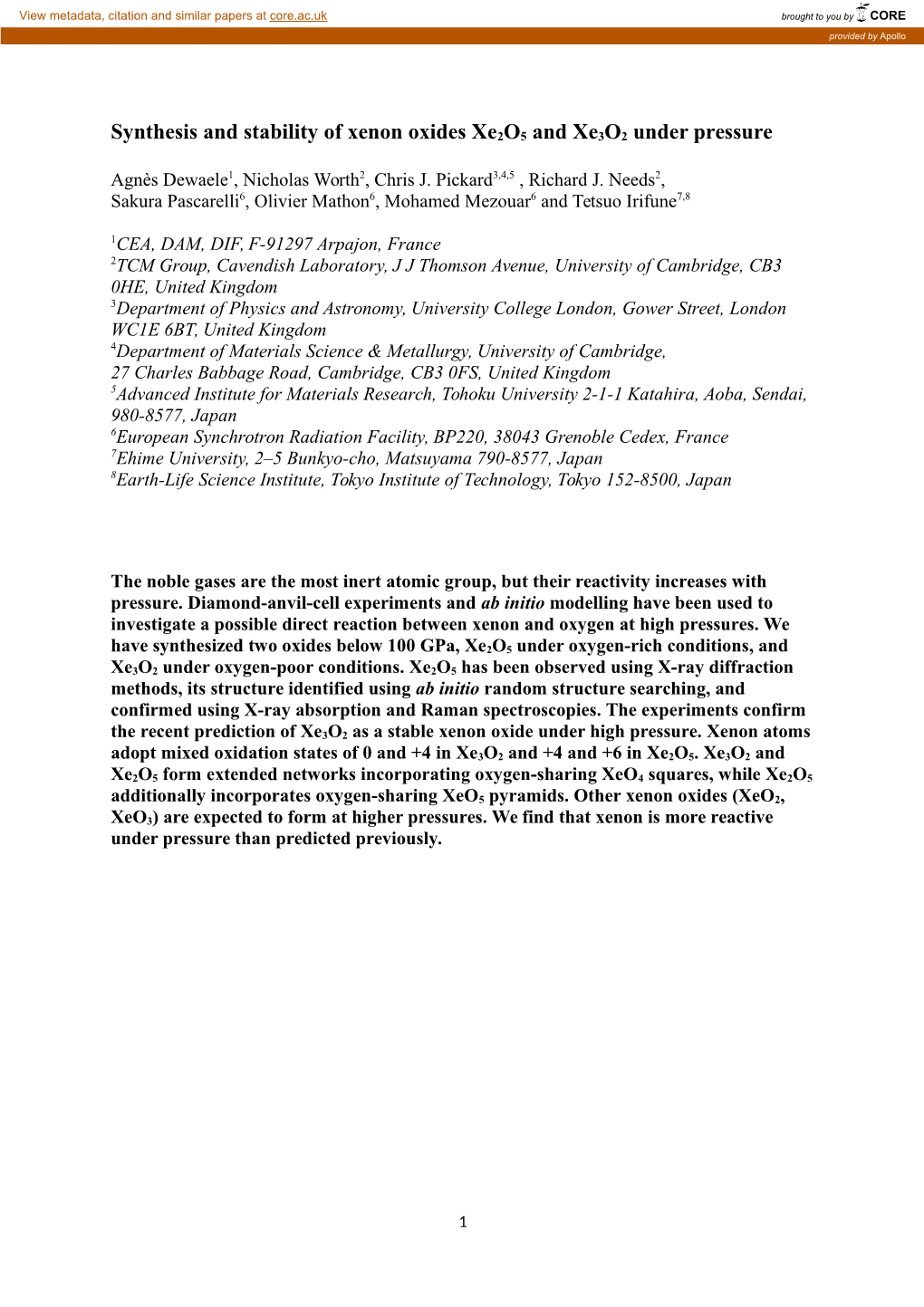 Synthesis and Stability of Xenon Oxides Xe2o5 and Xe3o2 Under Pressure