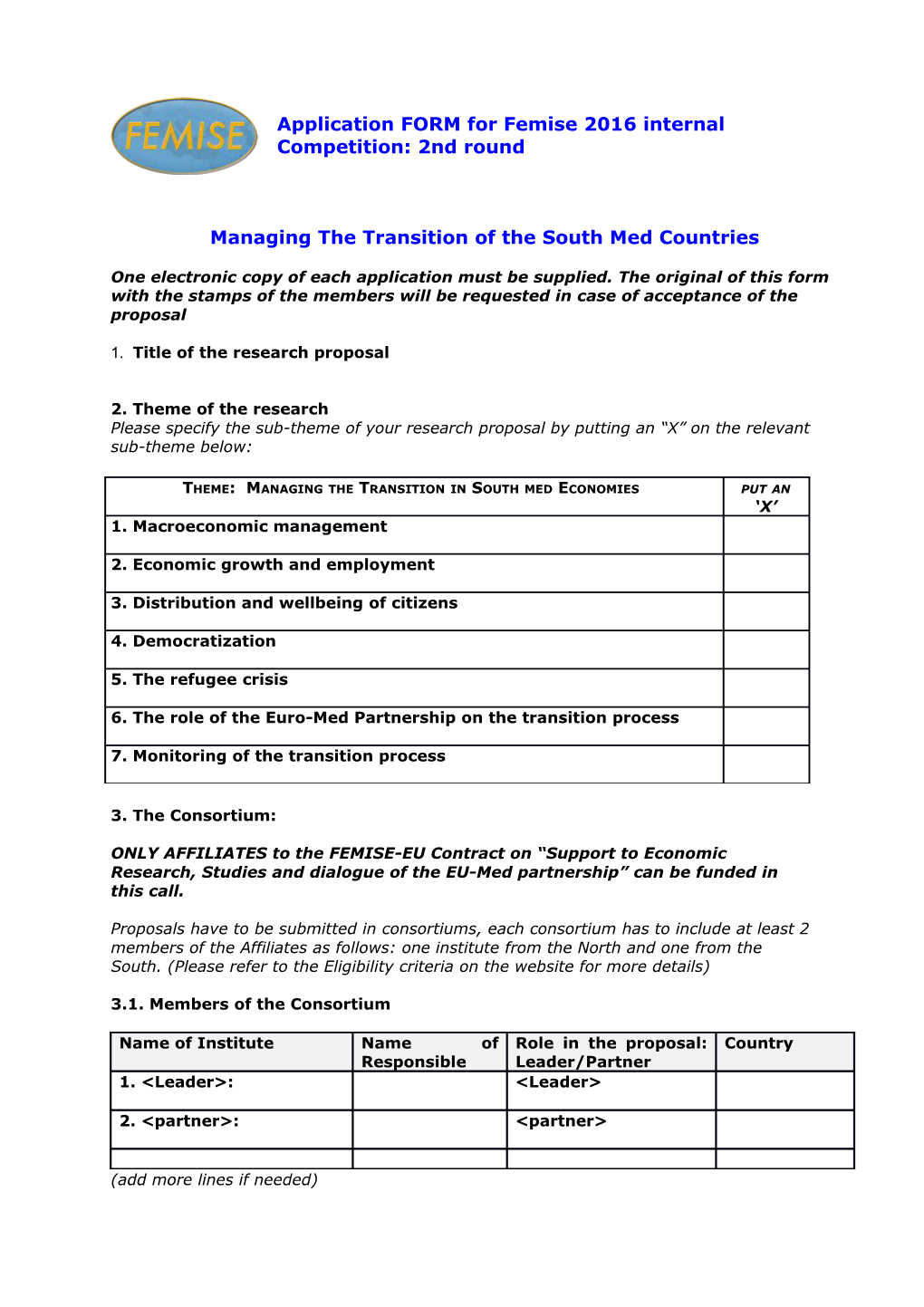 Application FORM for Femise 2016 Internal Competition: 2Nd Round