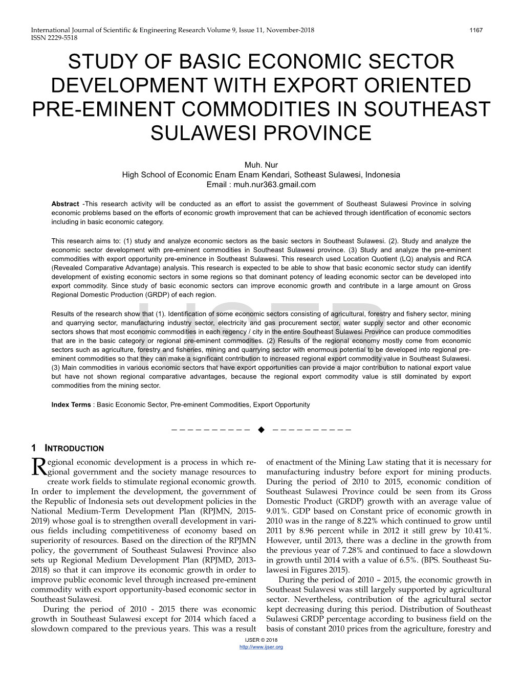 Study of Basic Economic Sector Development with Export Oriented Pre-Eminent Commodities in Southeast Sulawesi Province