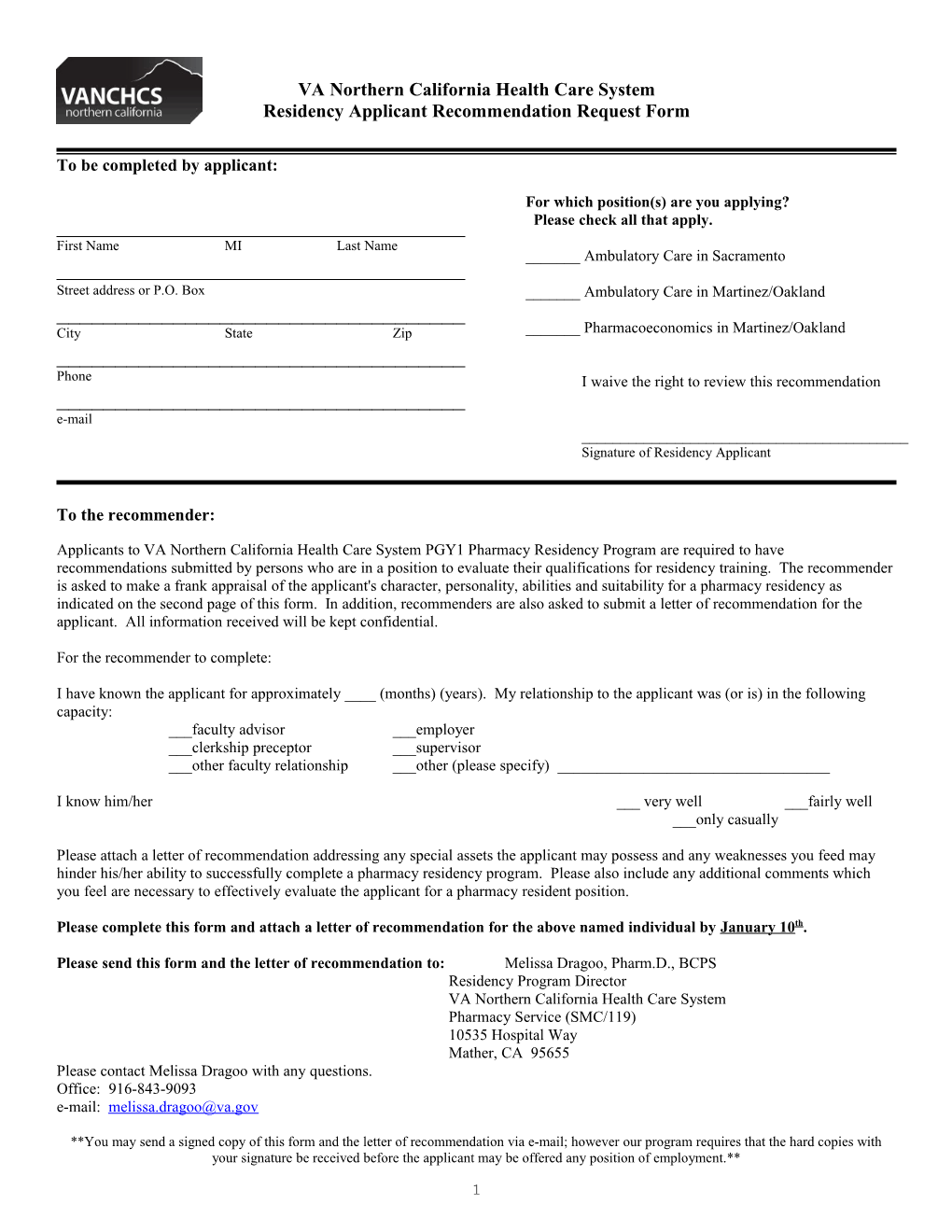 Request for Recommendation by Applicant to Pharmacy Residency