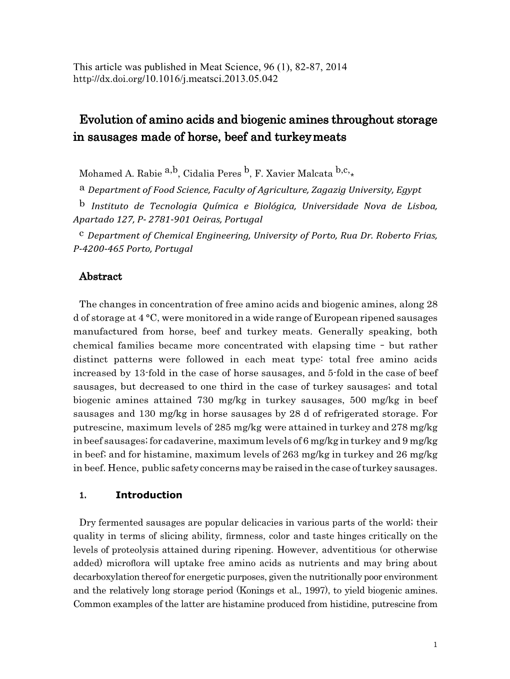 Evolution of Amino Acids and Biogenic Amines Throughout Storage in Sausages Made of Horse, Beef and Turkey Meats