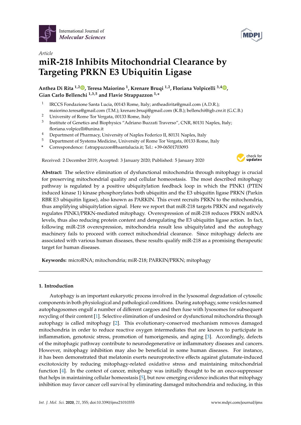 Mir-218 Inhibits Mitochondrial Clearance by Targeting PRKN E3 Ubiquitin Ligase