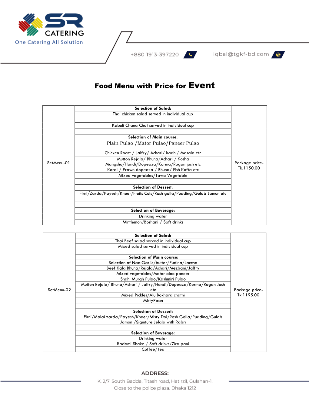 Food Menu with Price for Event