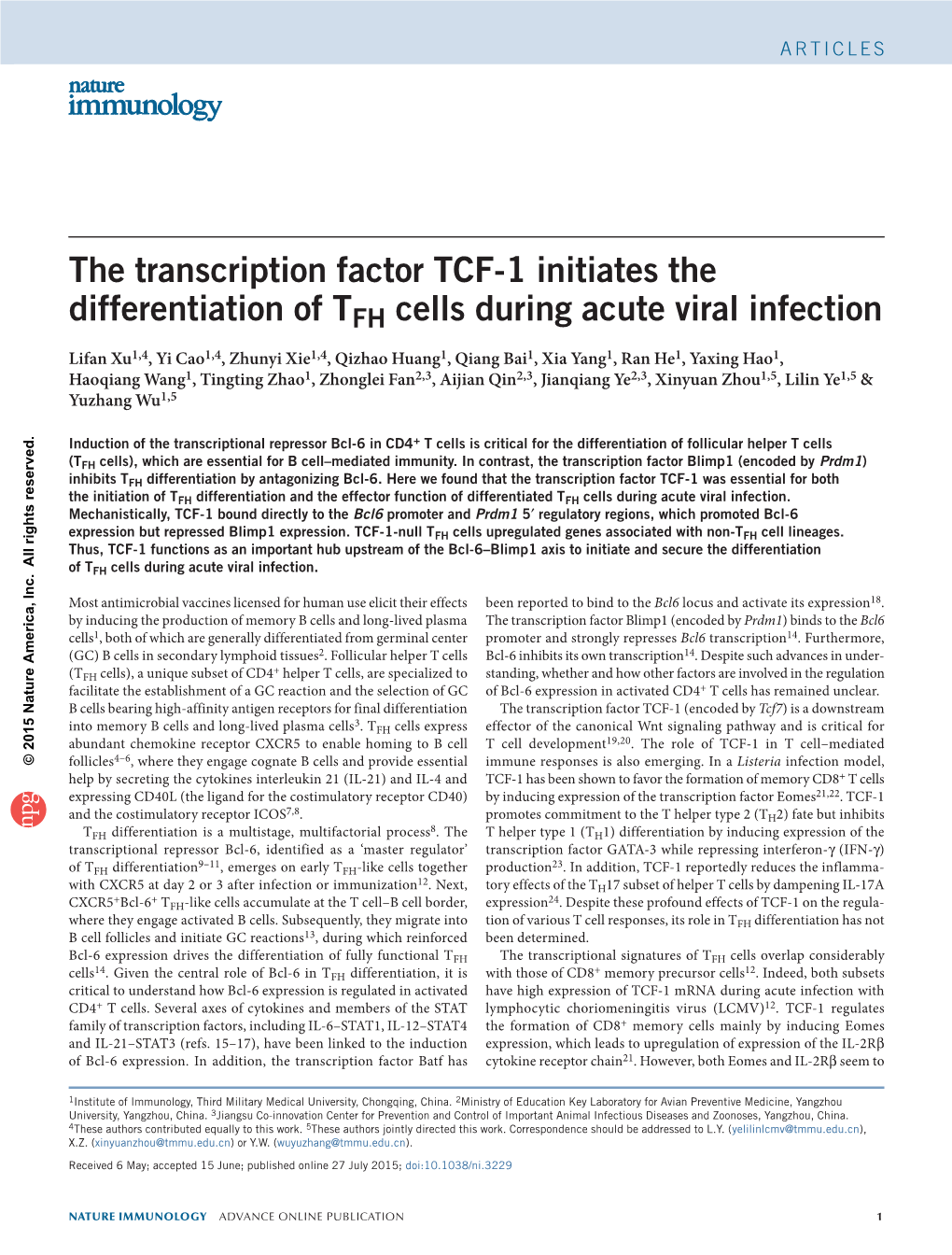 The Transcription Factor TCF-1 Initiates the Differentiation of TFH Cells During Acute Viral Infection
