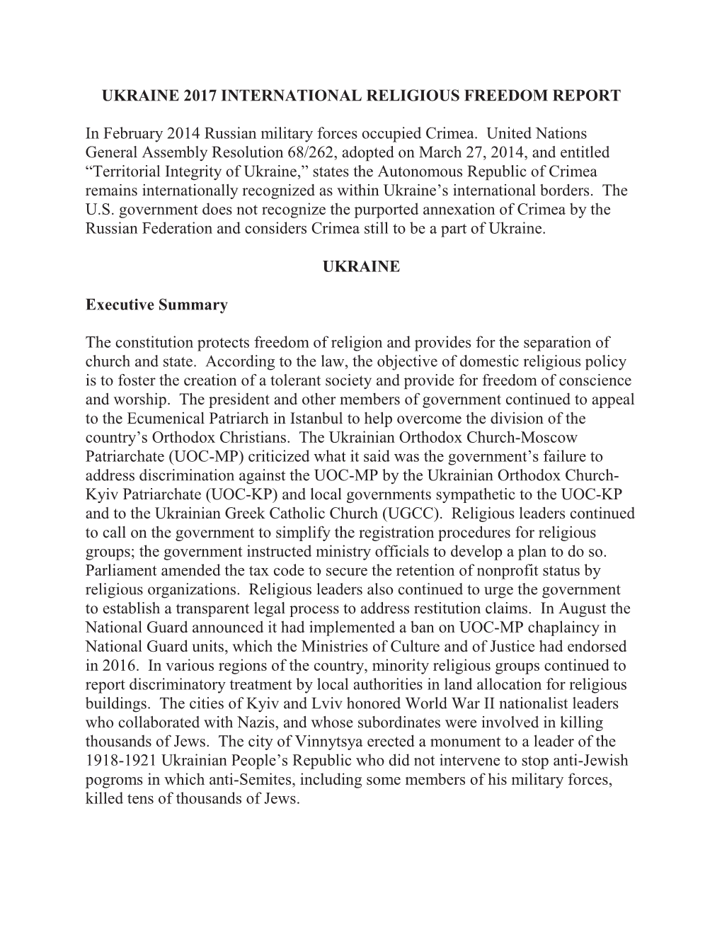Ukraine 2017 International Religious Freedom Report