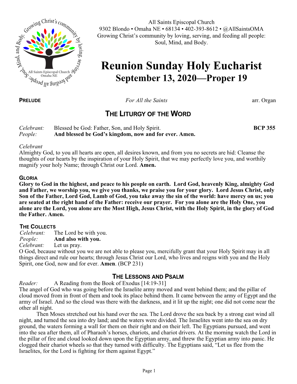 Reunion Sunday Holy Eucharist September 13, 2020—Proper 19